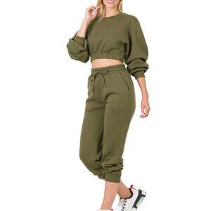 Women's Zenana 3 Piece Cropped Pullover Jogger and Bodysuit Set Olive Green